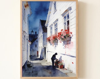 Stavanger White Houses Watercolor Print, Norway Coastal Travel Art (AT-1670)