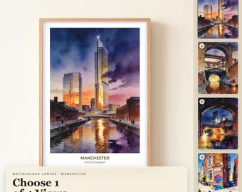 Manchester-Aquarell-Leinwandbild, gerahmter Leinwanddruck, Skyline-Wanddeko, Reise-Wandbild, Aquarellmalerei, Geschenk für Reisende