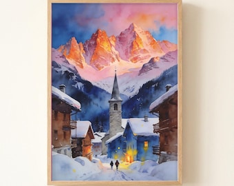 Val D Isere Watercolor Art Print, Travel Poster, Wall Art, Home Decor, AT-1800