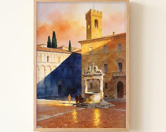 Tuscany Flower Alley Watercolor Art Print, Italy Landscape Painting, Colorful Housewarming Gift