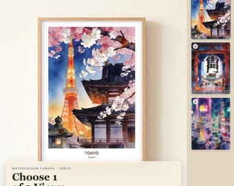 Aquarell-Leinwandbild „Tokio“, gerahmter Leinwanddruck, Reise-Wanddeko, Aquarellmalerei, Geschenk für Reisende, Geschenk für die Wohnung