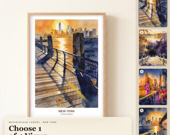 New York Aquarell-Leinwandbild, gerahmter Leinwanddruck, Skyline-Wanddeko, Reise-Wandbild, Aquarellmalerei, Geschenk für Reisende