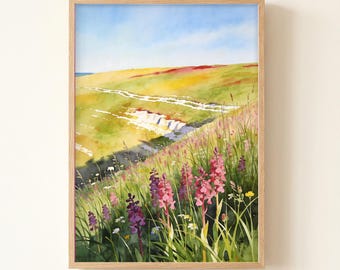 South Downs Summit Panorama Watercolor Art Print, Landscape Travel Poster