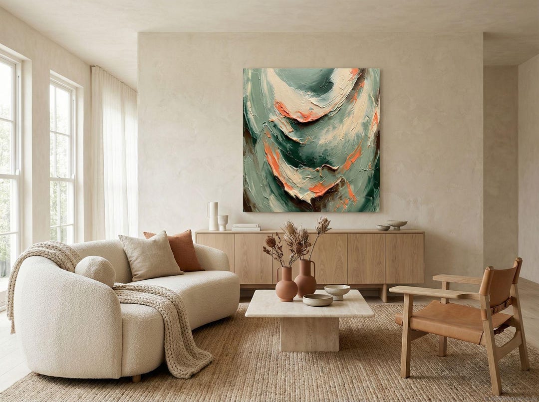 Sage Green Abstract Canvas Wall Art - Textured Portrait Impasto ...