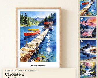 Aquarell-Leinwandbild „Bergsee“, gerahmter Leinwanddruck, Wanddekoration „Bergsee“, Reise-Wandbild, Aquarellmalerei, Geschenk für Reisende