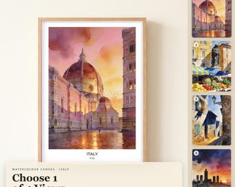 Italienisches Aquarell-Leinwandbild, gerahmter Leinwanddruck, Bergmotiv, Reise-Wandbild, Aquarellmalerei, Geschenk für Reisende
