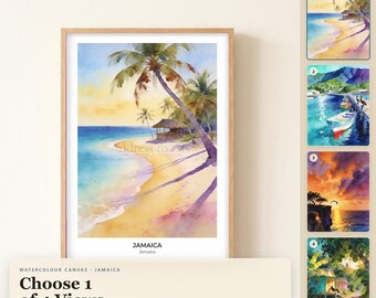 Jamaika-Aquarell-Leinwandbild, gerahmter Leinwanddruck, Küstenmotiv, Reise-Wandbild, Aquarellmalerei, Geschenk für Reisende