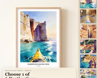 Kroatien Aquarell-Leinwandbild, Dubrovnik Kajak-Blick auf die Altstadtmauern von Hvar und Korčula, Reisegeschenk