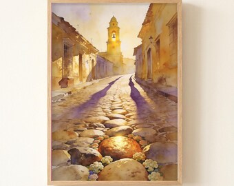 Trinidad Cuba Plaza Mayor Bell Tower Watercolor Art Print, Moody Atmospheric Travel Poster