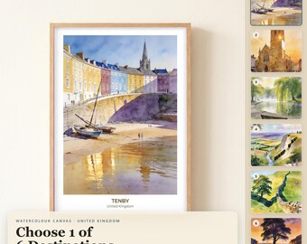 Aquarell-Leinwandbild aus Großbritannien, Tenby, Stoke-on-Trent, Streatham Common, Surrey Hills, Sycamore Gap, Skyline-Leinwandbild, Reisegeschenk