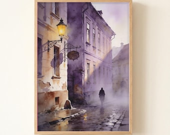 Sighisoara Cobblestone Walk Watercolor Print, Romania Travel Poster, Moody Cityscape Art