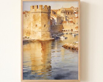 Trogir Fortress Watercolor Print, Croatia Travel Poster, Moody Atmospheric Wall Art