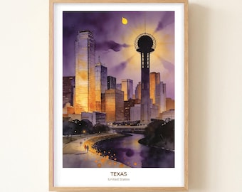 Fort Worth Stockyards Watercolor Print, Texas Skyline Travel Poster