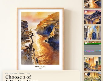 Italienisches Aquarell-Leinwandbild, Manarola, Matera, Mailand, Orvieto, Landschaftsbild auf Leinwand, Reisegeschenk