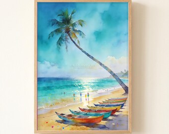 Trinidad Maracas Bay Beach Watercolor Print, Sunny Tropical Travel Poster