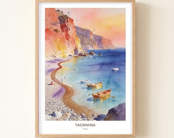 Taormina Sunset Shore Watercolor Print, Italy Travel Poster, Colorful Painting