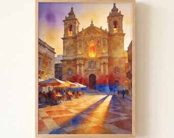 Valletta Old Town Lane Watercolor Art Print, Malta Travel Poster, Moody Atmospheric Painting