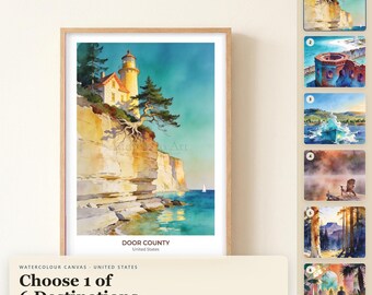 Aquarell-Leinwandbild USA, Door County, Dry Tortugas Nationalpark, Finger Lakes, Flagstaff – ein Reise-Kunstdruck mit Wahrzeichen als Geschenk