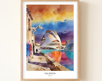 Valencia Morning Market Watercolor Print, Spain Travel Poster, European Cityscape Art