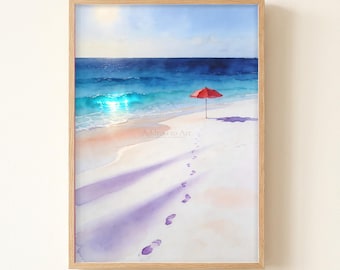 Turks and Caicos Grace Bay Beach Watercolor Print, Tropical Coastal Wall Art, Travel Poster