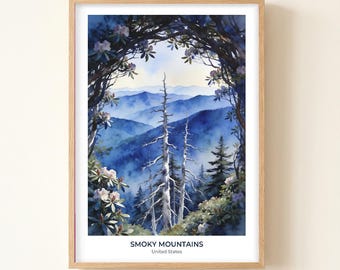 Smoky Mountains Autumn Watercolor Art Print, Chimney Tops Travel Poster