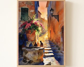 Tuscany Village Watercolor Print, Italian Street Scene, Vibrant Travel Poster
