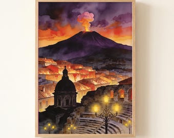 Taormina Morning Cove Watercolor Print, Italy Travel Wall Art, Volcano Painting Poster