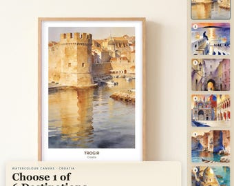 Kroatien Aquarell Leinwand Wandkunst, Trogir Zadar Zagreb Rovinj Sibenik, Wahrzeichen Leinwand Reisedruck Geschenk