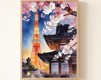 Tokyo Shibuya Crossing Twilight Watercolor Print, Japan Cityscape Wall Art