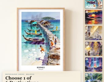 Aquarell-Leinwandbilder aus Malaysia, Borneo, George Town, Penang, Kuala Lumpur, Langkawi – Küsten-Leinwanddrucke als Reisegeschenk