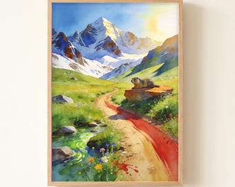 Trail Running Summit Panorama Watercolor Art Print, Personalized Mountain Landscape Decor
