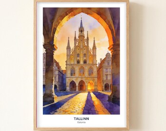 Tallinn Historic Church Watercolor Print, Estonia Cityscape Wall Art, Travel Souvenir