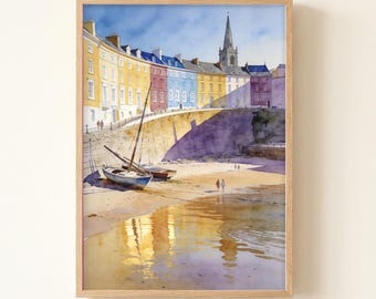 Tenby Pastel Houses Watercolor Art Print, UK Coastal Wall Art, Travel Poster