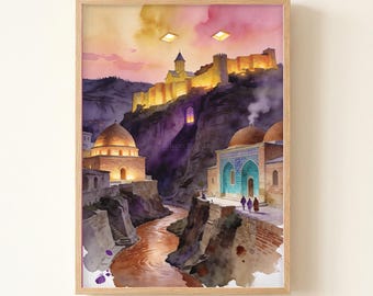Tbilisi Old Town Bathhouses Watercolor Art Print, Moody Georgia Travel Poster