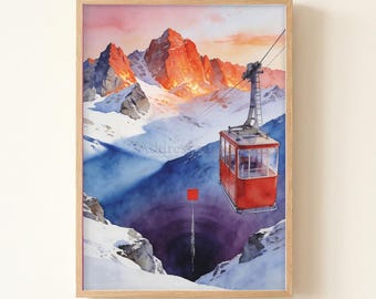 Aiguille du Midi Cable Car Watercolor Print, France Mountain Landscape Wall Art