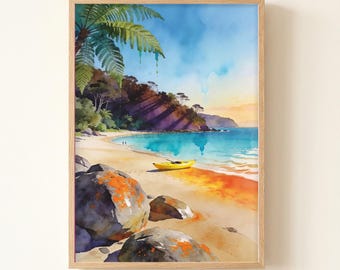 Abel Tasman Watercolor Art Print, New Zealand Beach Wall Art, Sunny Nature Travel Poster