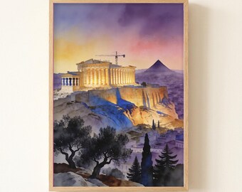 Athens Plaka Watercolor Print, Moody Bougainvillea Steps Travel Poster