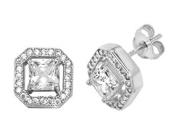 Sterling silver Silver Square Micro Pave' Halo Style Earrings Cubic zirconia stud earrings for men