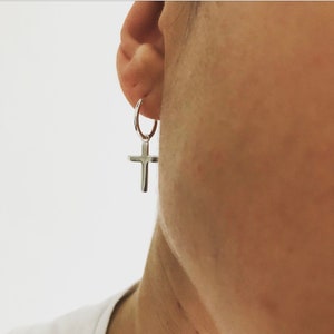 925 Sterling Silver Cross Hoop Huggie Single Earring for men , mens hoop earring