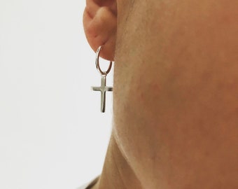 925 Sterling Silver Cross Hoop Huggie Single Earring for men , mens hoop earring