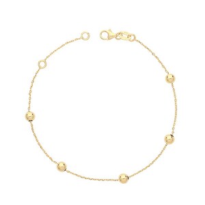 May include: A gold chain bracelet with five round beads.