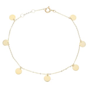 Könnte beinhalten: Ein goldenes Kettenarmband mit fünf runden Anhängern. Das Armband besteht aus einer zarten Kette und die Anhänger sind gleichmäßig verteilt.