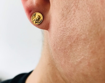 Gold Coin Cupid Circular Stud Earrings Earrings for men , Mens Earrings