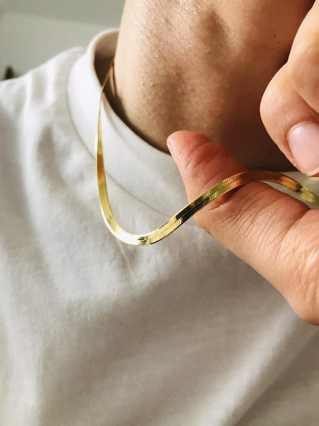 Sterling Silver Flat Herringbone Chain Necklace for Men Etsy