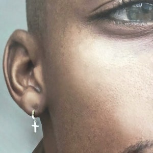925 Sterling Silver Cross Hoop hinged Huggie Single Earring for men , mens hoop earring