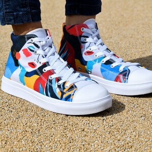Women's Artistic High-Top Sneakers, Unique Canvas Shoes, Fashion Streetwear Sneakers, Gift for Sneaker Lovers