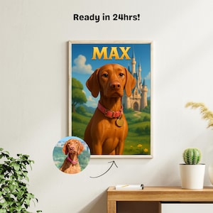 Custom Disney-Style Pet Portrait Print – Personalized Cartoon Dog, Cat or Animal Art – Magical Wall Decor for Pet Lovers