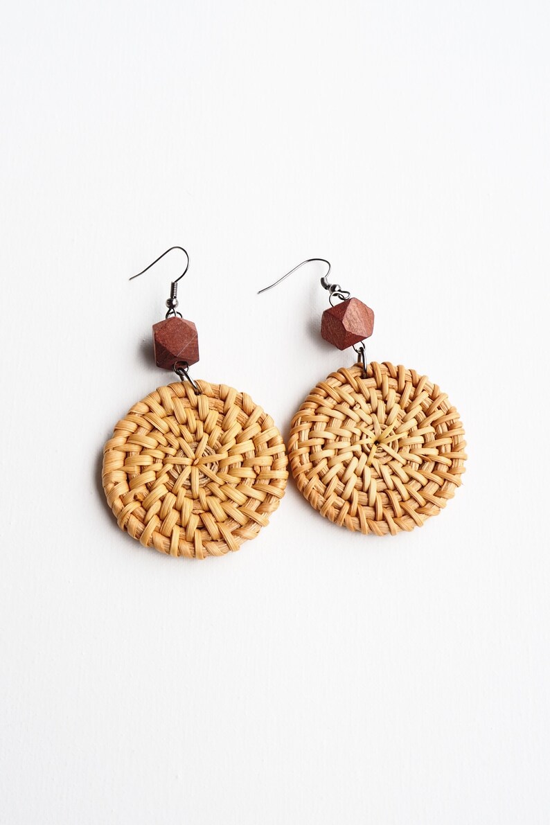Liz Rattan Earstuds Wicker Weave Beach Bali Vacation Style