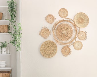 Set of 9 Wall Hangings, Round Rattan Wall Pieces, Panier mural rotin, Wall Decor, Boho Wall Baskets, Boho Wall Decor, Woven Basket for Wall