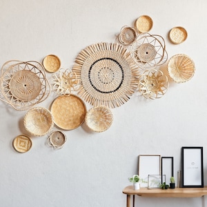 Set von 14 Wandbehängen (Ho Chi Minh Charm), runde Rattan-Wandstücke, Wanddekor, Boho-Wandkörbe, Boho-Wanddekor, Panier-Wandbild rotin